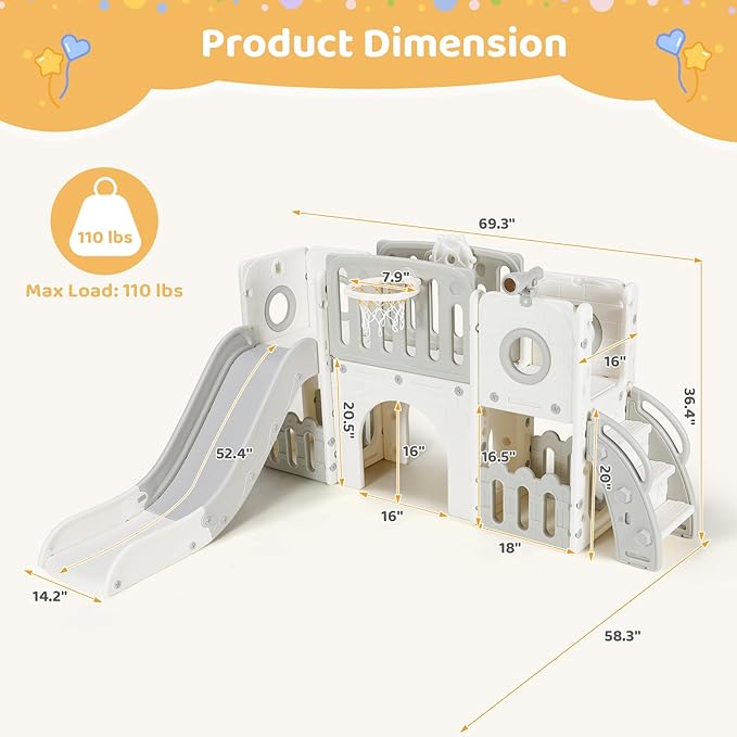 Arlopu 9 in 1 Toddler Slide Set, Kids Large Climber Slide Playset w/Long Slope, Telescope, Storage Space, Enclosed Steps, Indoor Outdoor Playground (White & Gray)