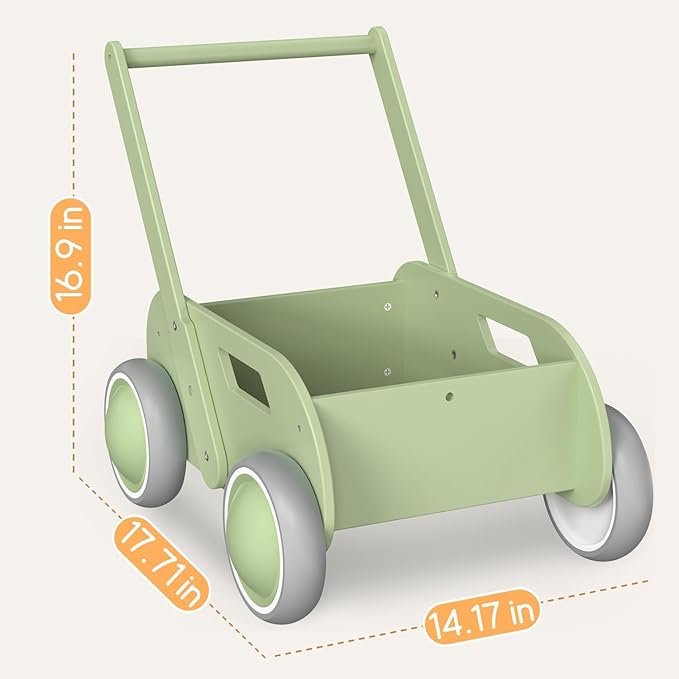 HOMEKOL Wooden Baby Push Walker, Green | Adjustable Height, with Rubber Wheels, for Boys and Girls, Gift for Birthday, Christmas and New Year