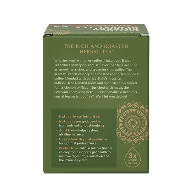 Teeccino Herbal Tea – Maca Chocolaté – 10 Tea Bags - Adaptogenic Peruvian Maca, Cacao, Chicory, Prebiotic, Caffeine Free, Acid Free, Coffee Alternative, (Pack of 4)
