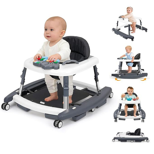 5-in-1 Baby Walker for Boys and Girls Music and Lights 6-18 Month, Foldable Baby Walkers with 5 Adjustable Heights, Infant Toddler Walker with Wheels and Combo Portable（Dark Gray）