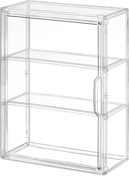 4 Pack 3 Tier Clear Display Case for Figures, Wall-Mounted Acrylic Storage Organizer Box, Stackable Display Cabinet with Magnetic Door & Removable Shelves, Showcase for Collectibles, Figures