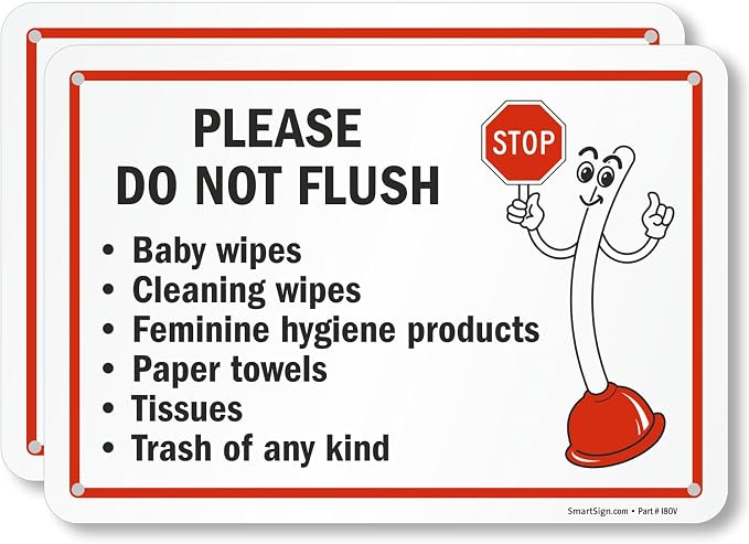 SmartSign 2-Pack 'Please Do Not Flush Wipes/Feminine Hygiene Products/Paper Towels/Tissues/Trash' Bathroom Sign with Funny STOP Symbol - 7" x 10", 55 mil HDPE Plastic, Red/Black/White, USA-Made