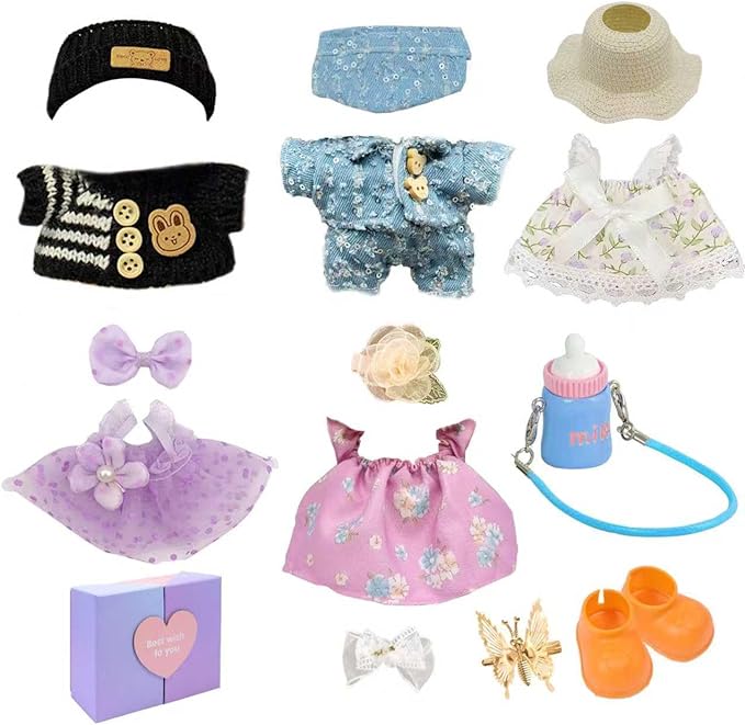 17cm Doll Clothes Set (No Doll) –5-Pack Handmade Outfits with Accessories for 6.7” Dolls, Premium Cotton Clothing with Gift-Ready Packaging, Perfect for Dress-Up and Collectors (FH1, 5)