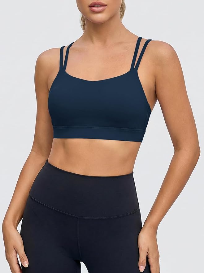 Aoysky Sports Bras for Women Buttery Soft Strappy Padded Sports Bra Double Spaghetti Straps Wireless Yoga Workout Crop Tops