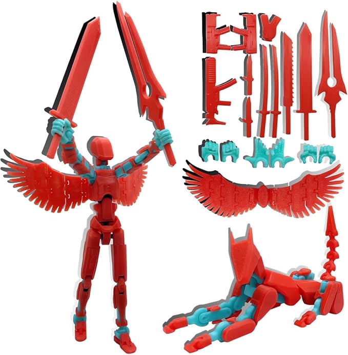 T13 Action Figures Set (Assembly Completed) Dummy 13 Titan 13 Robot Action Figure 3D Printed Robo Multi-Jointed Movable Action Figure Toy with Full Articulation (Red Blue Figure + Dog)