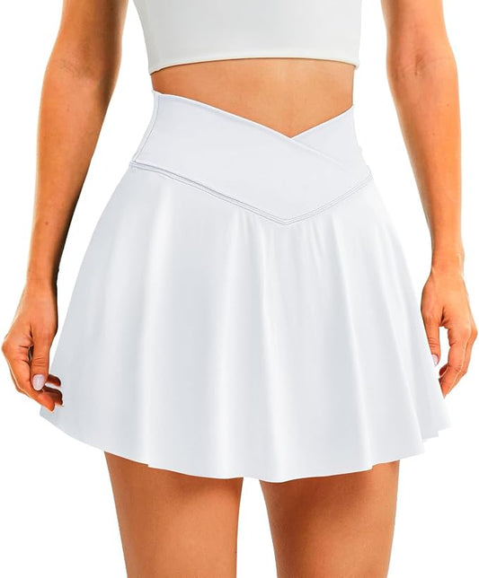 Womens Tennis Skirt Crossover High Waisted Skort with Pockets Shorts | Athletic Skirts for Golf Running Workout Pickleball, Aesthetic Activewear, Sporty Athleisure Style
