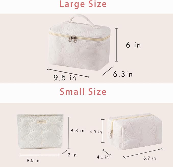 uekeboag 3Pcs White Quilted Cotton Makeup Pouch,Coquette Quilted Toiletry Bag for Women and Girls, Floral Coquette Organizer Bag, Aesthetic Travel Cosmetic Bags(3Pcs White Shell)