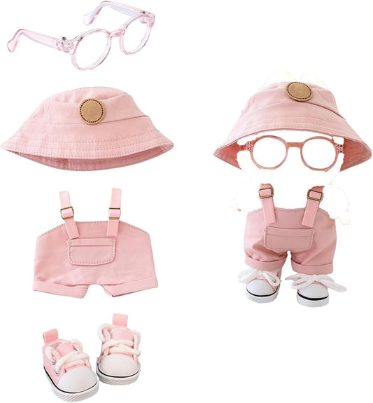 Clothes for Dolls Accessories, Stylish Kawaii Overalls Outfit Set 4 Pieces Bib Pants for 15cm 17cm Doll, Cute Doll Hat Shoes Clothing Set Replacement Pink (No Dolls)