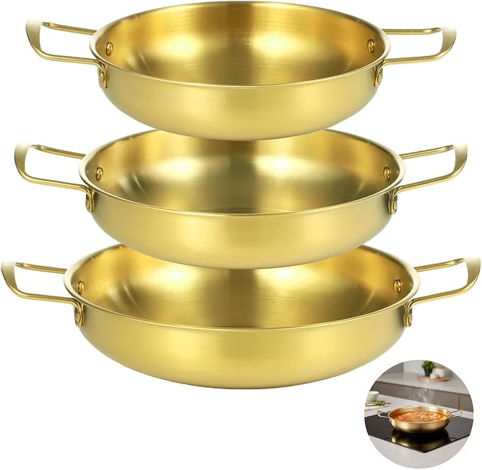 3 Pieces Gold Korean Ramen Pots Set, Stainless Steel Cooking Pan with Flat Bottom and Dual Ear Handles, Universal Stove Top for 8.7 x 8.7 x 2.8 in, 7.9 x 7.9 x 2.4 in, 7.1 x 7.1 x 2 in