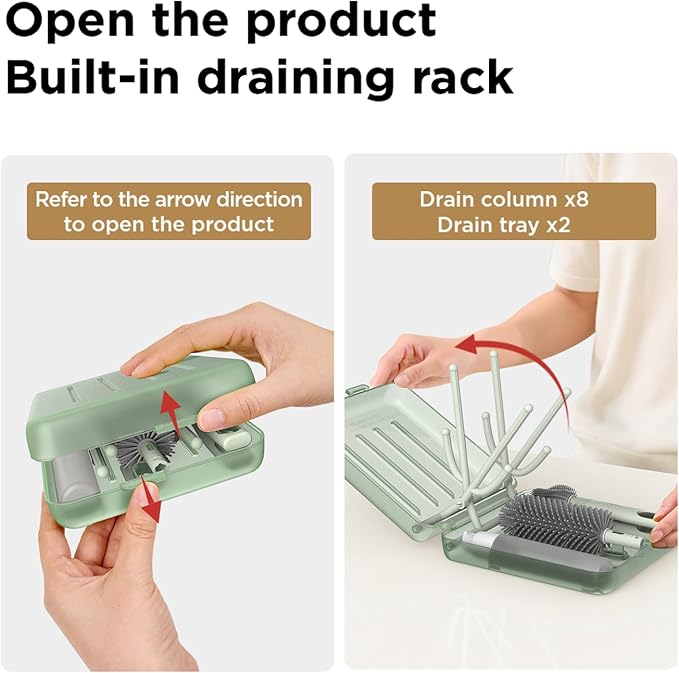 YOTIME Travel Bottle Brush Set, Auto-Open Rack & Vertical Brushs Drying Slots, 3 Brushes, Foldable Drying Rack, Dispenser, Travel Baby Essentials for On-The-Go Parents, Transparent Green