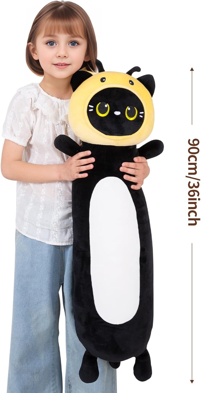 36 inch Bee Black Cat Long Plush Body Pillow Toy, Kitten Plushies with Stuffy Honeybee Oufit Big Stuffed Animals Gfit for Kids Boys Girls, Birthday