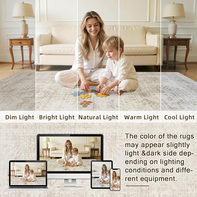 Round Area Rug for Living Room: 8ft Vintage Boho Neutral Washable Circle Rug Soft Large Circular Carpet for Bedroom Nursery Farmhouse Dining Room Office Floor Non-Slip Low Pile Under Table Rug Brown