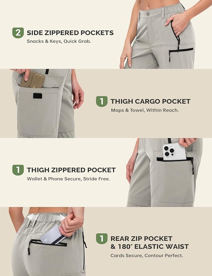 Cycorld Women's-Hiking-Pants-Convertible Quick-Dry-Stretch-Lightweight Zip-Off Outdoor Pants with 5 Deep Pockets