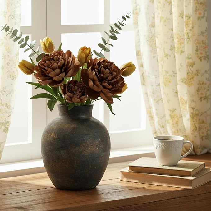 SIDUCAL Ceramic Decorative Flower Vase | 6 Inch Pottery Rustic Farmhouse | Boho | Terracotta Vase for Home Decor, Table, Living Room, Bathroom, Shelf, Mantel Decoration, Bronze