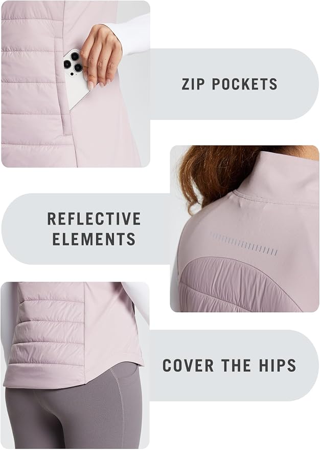 baleaf Womens Lightweight Warm Puffer Vest Winter Running Sleeveless Jacket | Zip Pockets & Soft Curve Design, Windproof, Water-Resistant and Noiseless Fabric, Suitable for Running, Hiking in 20°F-60°F