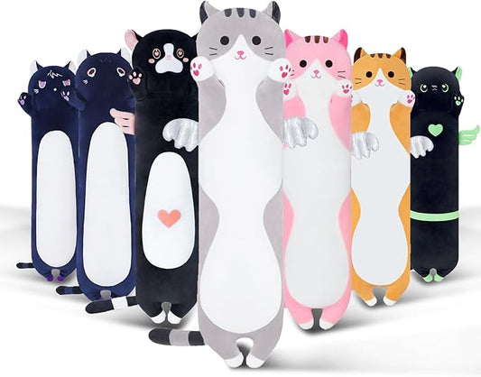 Long Cat Body Pillow for Kids, Cute Cat Stuffed Animals Gifts for Girls, Long Cat Plush Toy for Birthday, Soft Cat Plushies Pillow (Grey, 35.4in/90cm)