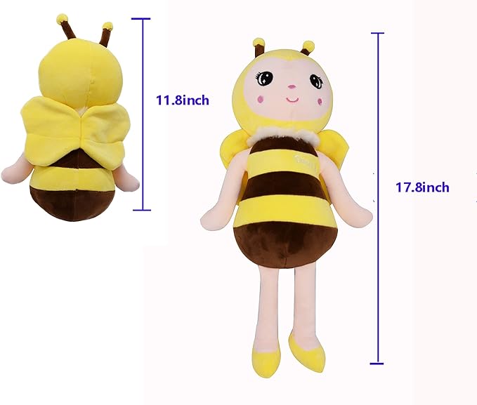 BABOLI Emotional Support Bee Stuffed Animal with Smile Face and Yellow Wings Soft Plush Fuzzy Bumblebee Toy Pillow Pretty Sweet Gifts for Honey Kids or Stuff Collection 12 Inches