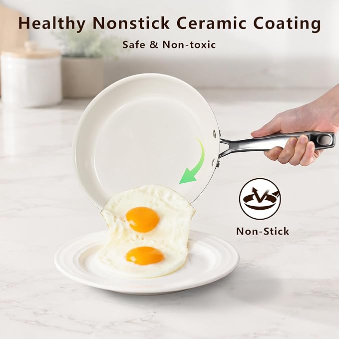 SAKAMOSH 8" Nonstick Ceramic Frying Pan, Small Pan Non Toxic, White | PTFE & PFAS & PFOA Free Ceramic Coating, Dishwasher/Oven Safe, Induction Compatible, suitable for all stovetops