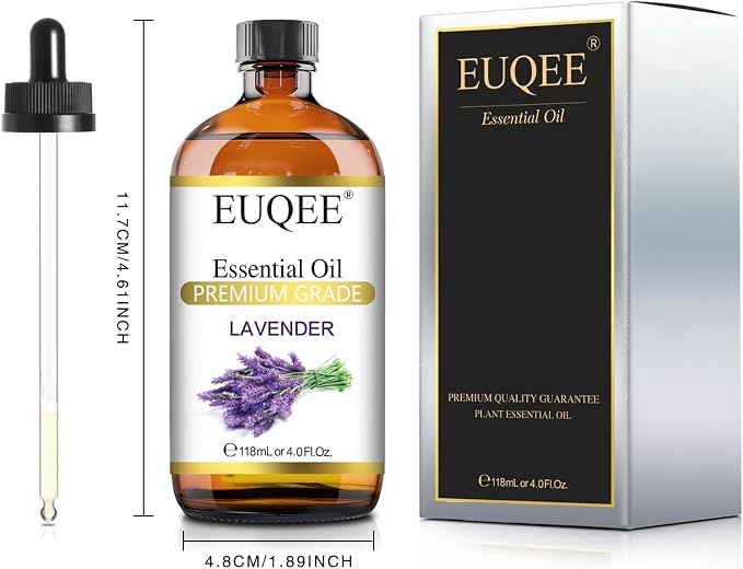 EUQEE Lavender Essential Oil 118mL Lavender Oil Large Capacity Essential Oil with Glass Dropper for Diffuser, DIY Candle - 4Fl. Oz