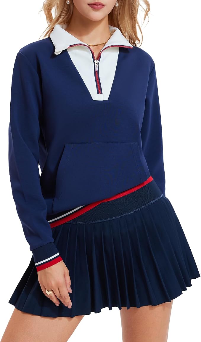 Airfree Women Two Piece Tennis Skirt Set Golf Outfits Half Zip Oversize Pullover Sweatshirt 2 Piece Skirt Sets with Pockets