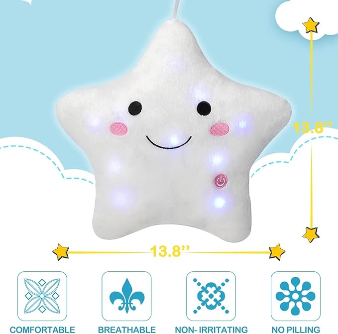 DearSun 13''Creative Twinkle Star Colorful Night Light Plush Pillows Light up Night Stuffed Toys Perfect for Birthday Christmas Holiday Valentines (White)