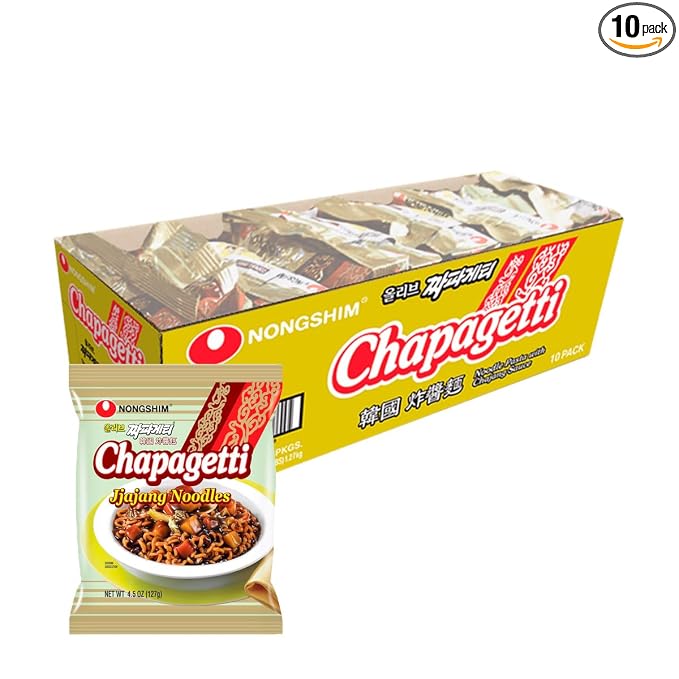 Nongshim Chapagetti, Black Bean Jajangmyeon Korean Ramen Noodles, 10 Pack | Black bean instant noodles with roasted chunjang sauce, onion-garlic notes, chewy sauce-coated finish