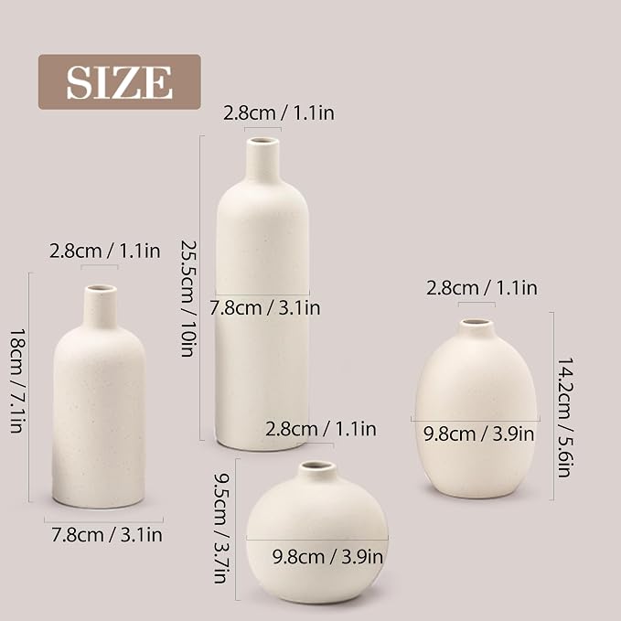 Ceramic Vase Set of 4, Classic Beige White Matte Vases Home Decorations for Table Shelf Office Centerpieces Decor