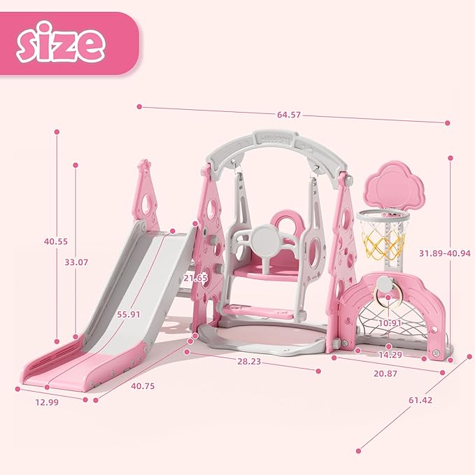 KORIMEFA 6-in-1 Kids Slide and Swing Set, Toddler Slide with Basketball Hoop, Swing, Outdoor Indoor Playground for Toddlers 1-3 Pine Shape Design(6 in1-Pink)