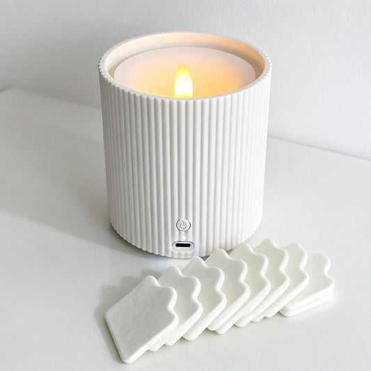 Waterless Essential Oil Diffuser,LED Candle Diffuser with Rechargeable,Wireless Candle Waterless Diffuser,3D Wick and Realistic Candle Flame Diffuser with 12PCS Cotton Pads(with Battery)