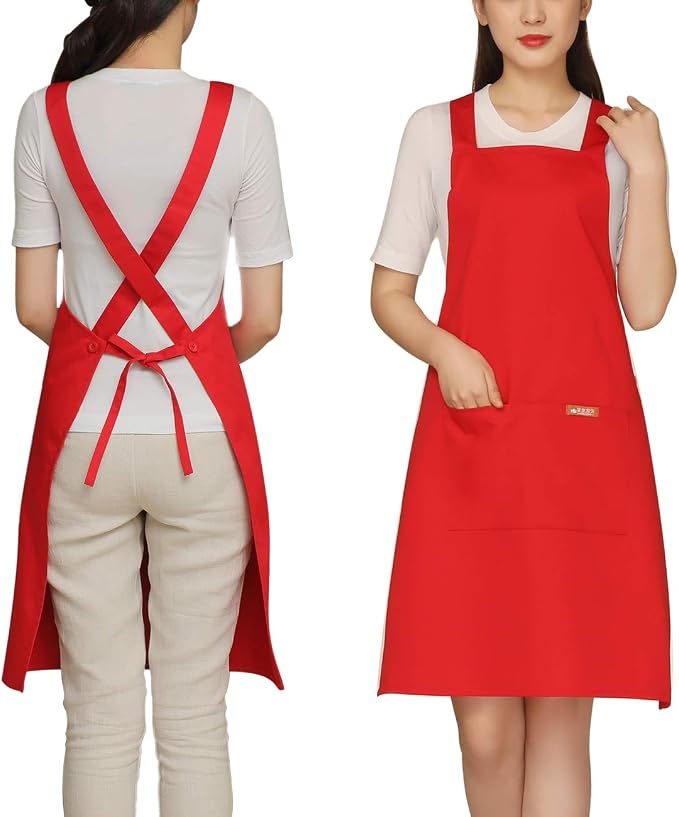 NEWGEM 100% Cotton Cross Back Apron for Women with 2 Pockets - Adjustable Button Straps Pinafore, No Neck Pain Kitchen Chef Apron for Cooking, Catering, Housewife (Red)