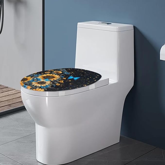 Butterfly Toilet Seat Cover with Elastic Band Sunflower Toilet Seat Dust Cover Soft Bathroom Replacement Butterflies Universal Fit Elongated Oval Round Lid Easy to Clean