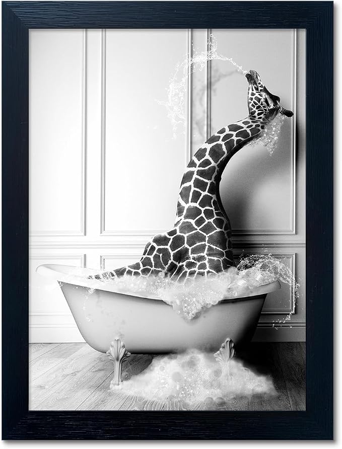 Bathroom Pictures Wall Decor Black and White Wall Art Funny Animal Canvas Print Giraffe in Bathtub Framed Farmhouse Painting Kids Bathroom Signs Decor