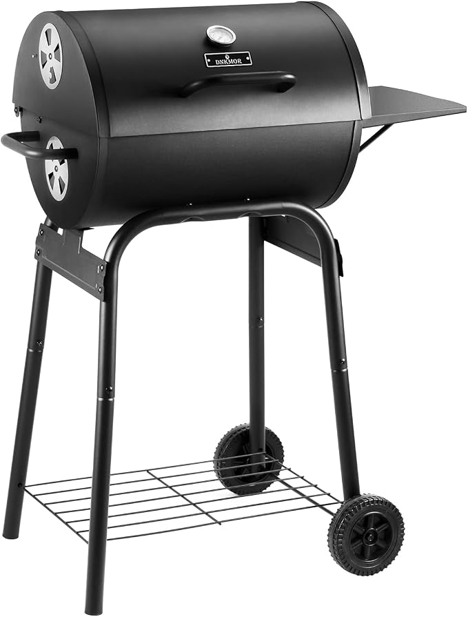 Charcoal Grill Outdoor BBQ Grill, Barrel Charcoal Grills with Side Table, with Nearly 500 Sq.In. Cooking Grid Area, Outdoor Backyard Camping Picnics, Patio and Parties, Black by DNKMOR