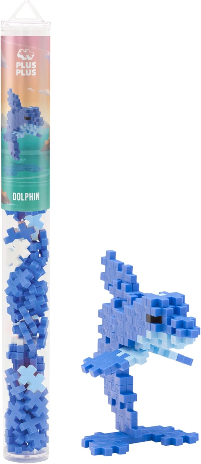 PLUS PLUS 3D Animal Figure Building Block Set, 70 Mini Interlocking Puzzle Pieces, Fun Stem Toys for Kids - Dolphin Maker Tube