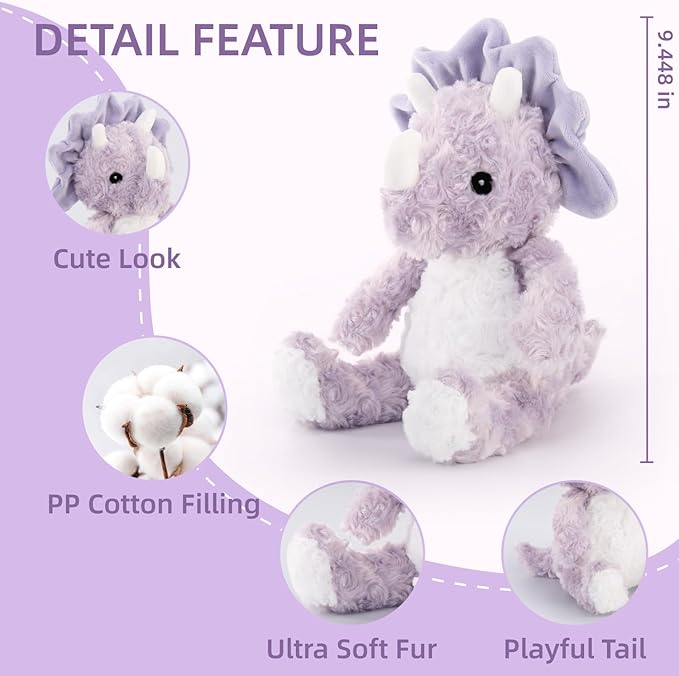 Purple Dinosaur Stuffed Animals for Girls, Cuddly Huggable Dinosaur Plush Toys for Baby and Nursery, Gifts for Mom Sister Daughter, Xmas Birthday Gifts for Toddlers 3+(Light Violet)