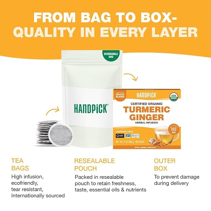 HANDPICK, Organic Turmeric Ginger Tea (100 Tea Bags) | Herbal Tea, Strong Spicy Flavor, Caffeine Free, Daily Wellness Tea, Smooth & Warming Infusion | Non-GMO, Gluten Free | Ecofriendly Tea Bags