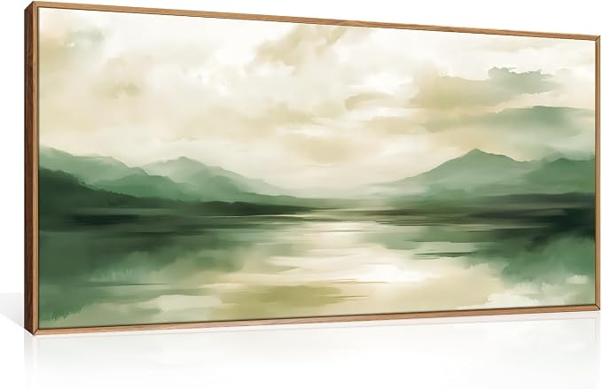 FWIEXA Sage Green Abstract Canvas Wall Art Set of 3, Framed Beige White Landscape Painting, Neutral Watercolor Mountain Prints, Nature Mountains Lake Prints, 20x40In Artwork for Living Room, Bedroom
