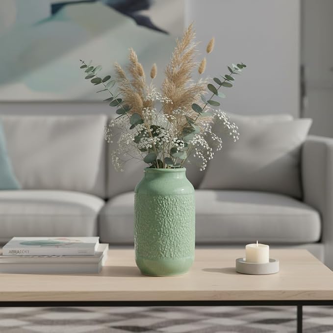 Ceramic Flower Vase, 9 Inch Green Vases for Home Decor, Modern Vase, Centerpieces, Table, Shelf, Console Cabinet, Entryway, Living Room, Bathroom, Office Decor