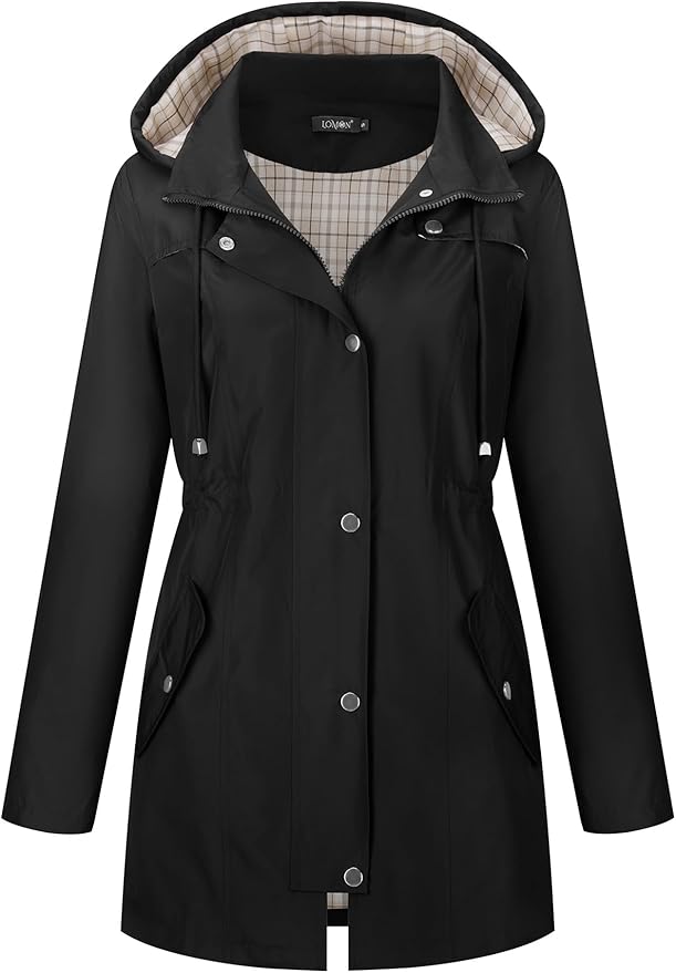 LOMON Women Waterproof Outdoor Hiking Raincoat Women Lined Rain Jacket Lightweight Hooded Jackets Trench Coats