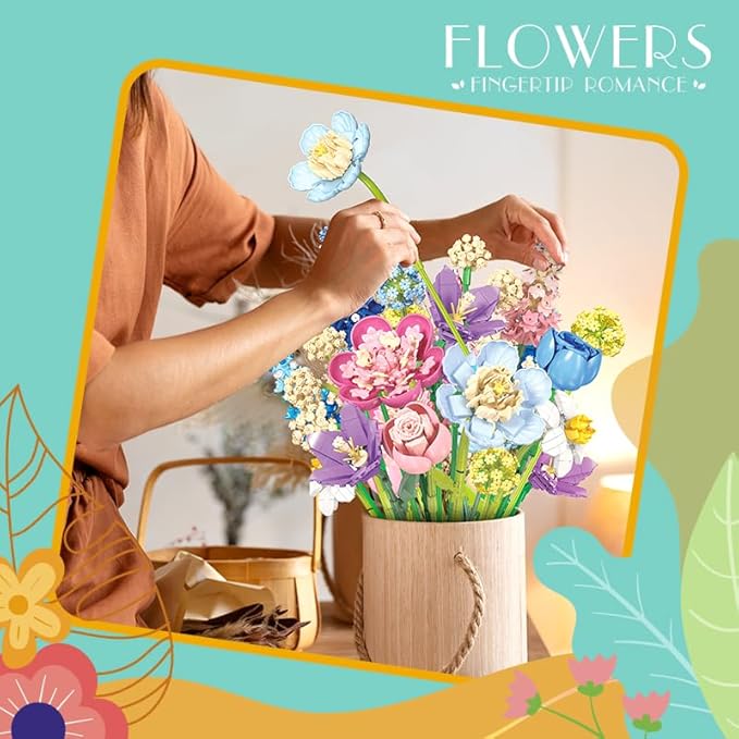865pcs Flower Building Set, DIY Building Block Flower Bouquet, Beautiful Ornaments, Creates a Cozy Atmosphere with Colorful Artificial Bouquet