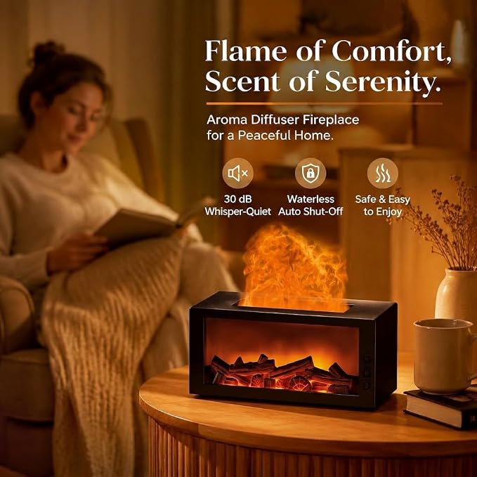 Fireplace Flame Diffuser, 300ML Essential Oil Diffuser with 7 Color Realistic Flame Light, Remote & Timer Aromatherapy Scent Diffuser for Home Bedroom Office Yoga