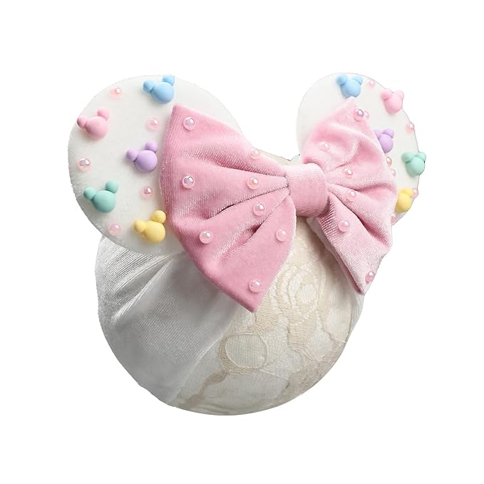 JIAHANG Baby Girl Velvet Mouse Ears Turban Headwrap with Beadings, Velvet Hair Bow Headband for Infant Toddlers Kids