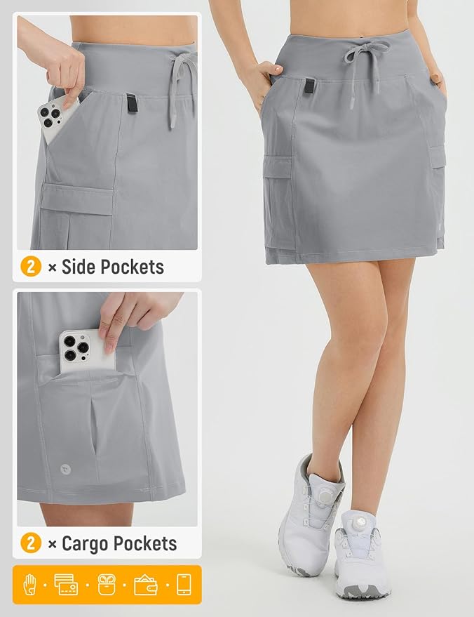 baleaf Women's 16" Hiking Cargo Skort with Pockets Knee Length Skirts | 4 Cargo Pockets, High Waisted, Built-In Shorts, UPF 50+ Sun Protection, Quick Dry, Stretch, Hiking, Golf, Outdoor, Casual