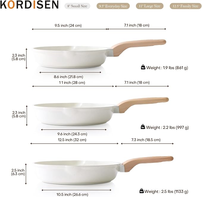 Kordisen Nonstick Ceramic Frying Pan Set, 3 Piece Ceramic Skillet Set, Healthy Non Toxic Cooking Pan, Stay-Cool Handle, Induction Compatible, PFOA & PFAS Free, White(9.5, 11, 12.5 Inch)