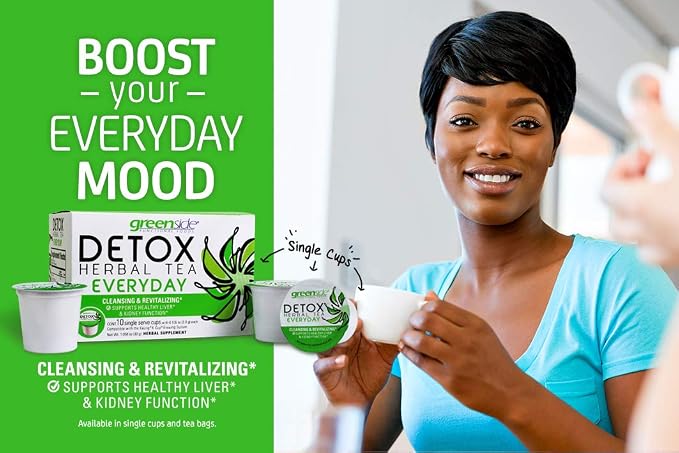 greenside Detox Herbal Tea Single Serve Cups for Everyday - Cleansing and Revitalizing Body Supplements - 10 Cups (3-gram Serving/Cup)