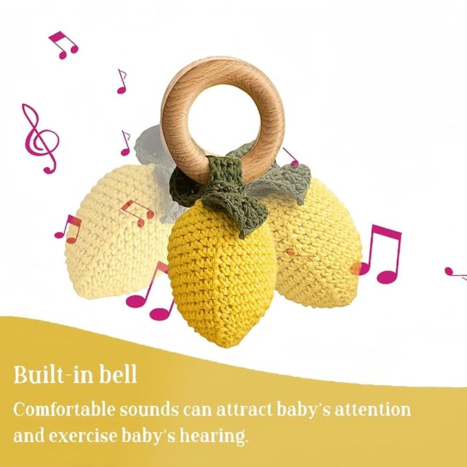 Wooden Baby Rattle Toys Stuffed Crochet Rattle with Teether Ring for Newborn Babies Fruit Wooden Teether Toy Infant Toddler Handcrafted Crochet Rattles Cute Shower Gifts for Boy and Girls