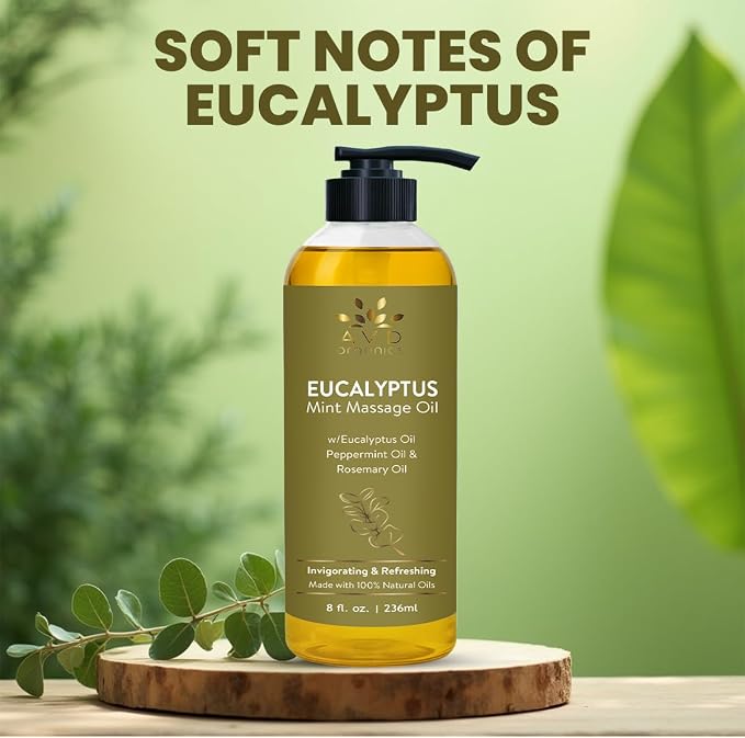 AVD Organics Eucalyptus Mint Massage Oil 236 ML | 100% Pure and Natural | Revitalizing & Cooling Aroma | Blended with Eucalyptus Sesame and Coconut Oil | for Both Men and Women | 8 fl oz