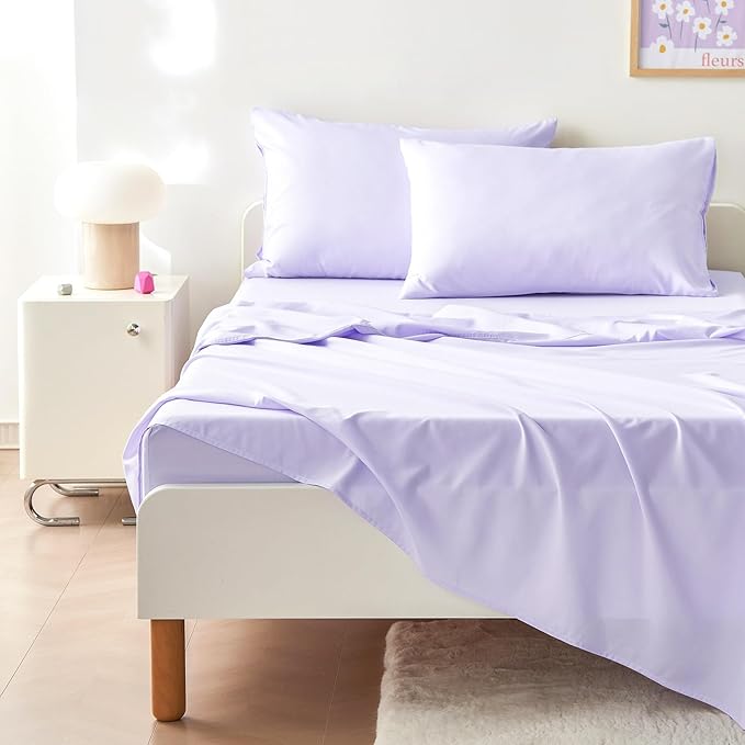 Wake In Cloud - Floral Bedding Set for Girls, Cute Colorful Botanical Flowers Patterned Soft Lightweight Comforter Set with Sheets, 7 Pieces Kids Bed in a Bag, Purple White, Full Size