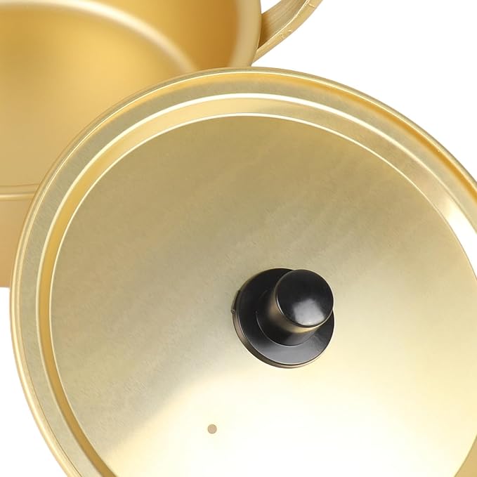 Korean Ramen Cooking Pot, Korean Ramen Pot with Lid Double Handle Design Yellow Aluminum Alloy Stockpot for Kitchen Cookware (16cm)