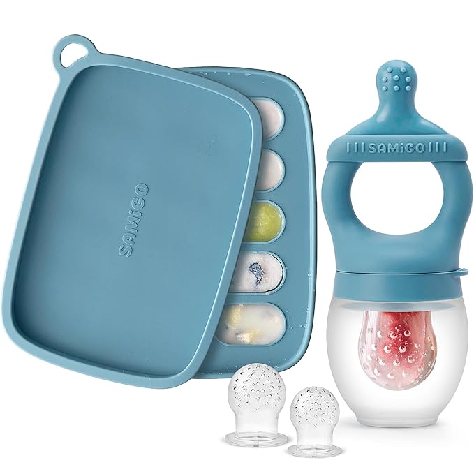 SAMiGO Baby Food Fruit Feeder and Breastmilk Popsicle Mold Set, Silicone Fruit Teether, Food Feeder Pacifier for Teething Relief, Freezer Tray, Baby Feeding Essentials, 4 Months+